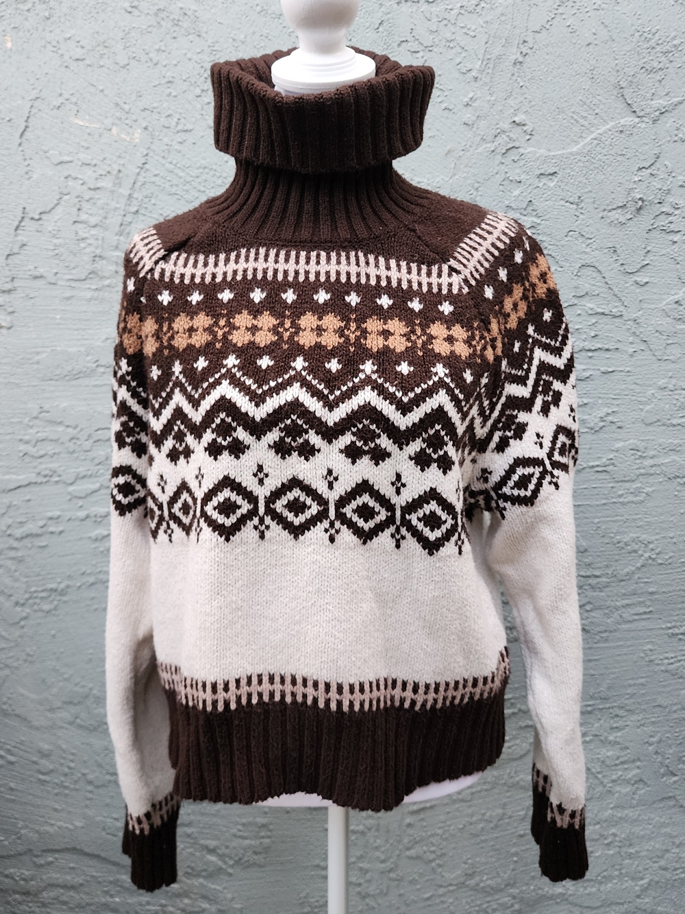 American Eagle Fairisle Snowdrift Turtleneck Cropped Sweater Brown Cream [L]